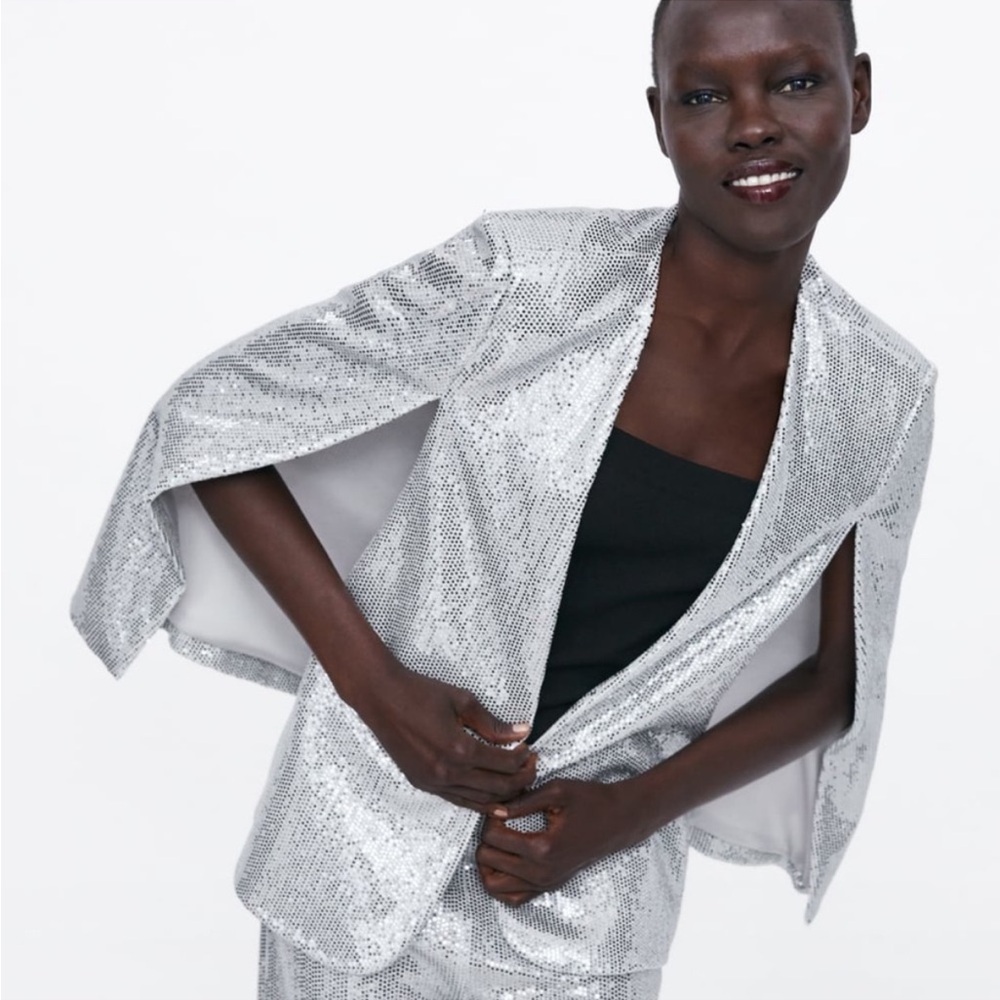 Zara Cape Puncho Blazer Jacket Silver Metallic Sequin NEW - Picture 7 of 13